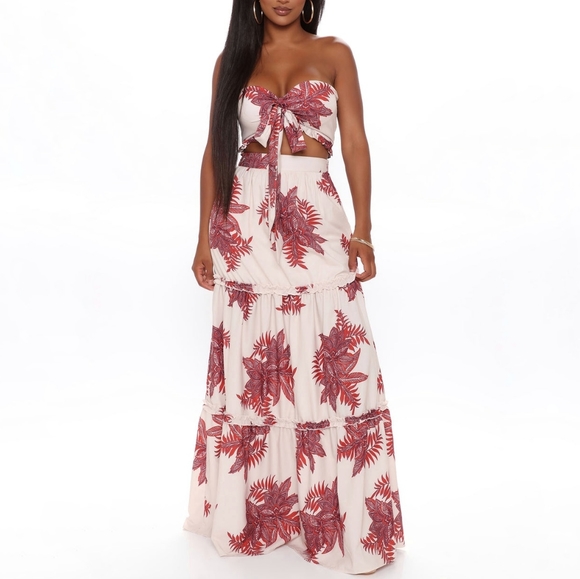 THE SANG Dresses & Skirts - Maxi Skirt Set Flowy Tan Red Orange Sz M Ruffle Bandeau Top Tiered Skirt 2 Piece